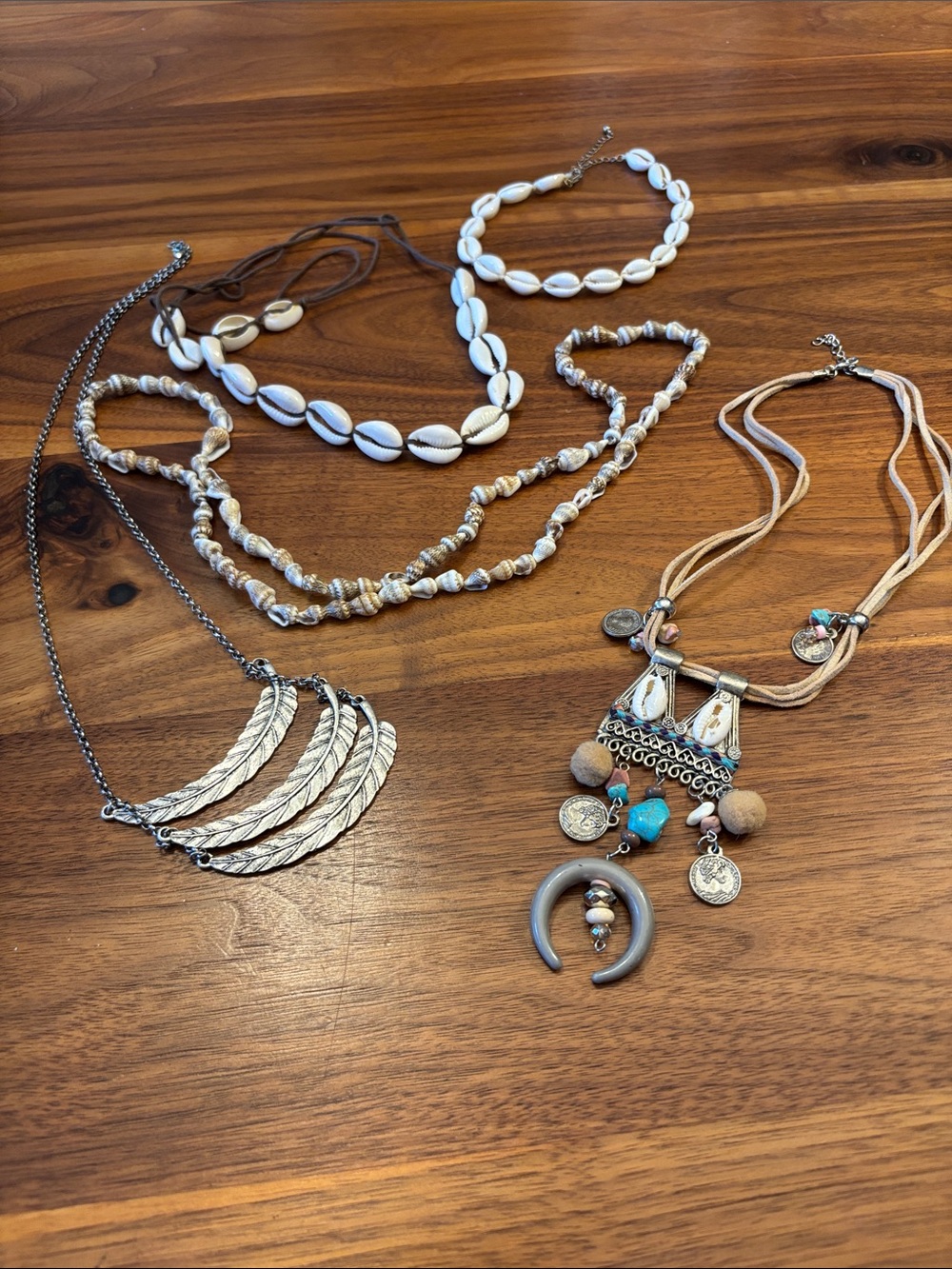 Bohemian Shell, Coin, and Feather Set of Necklaces Lot of 5